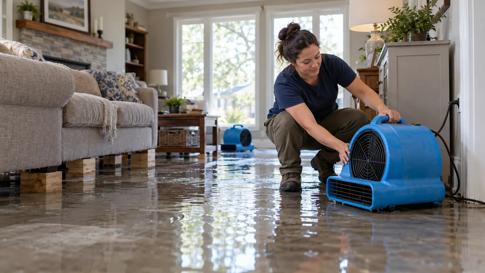Water damage restoration technician drying a flooded living room in Olympia